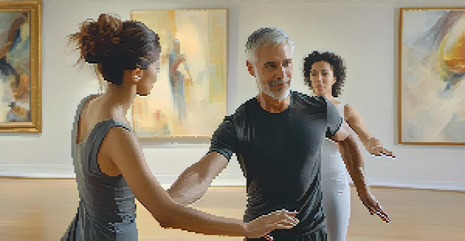A dance therapist guiding a participant through a movement exercise in a warm and inviting studio.