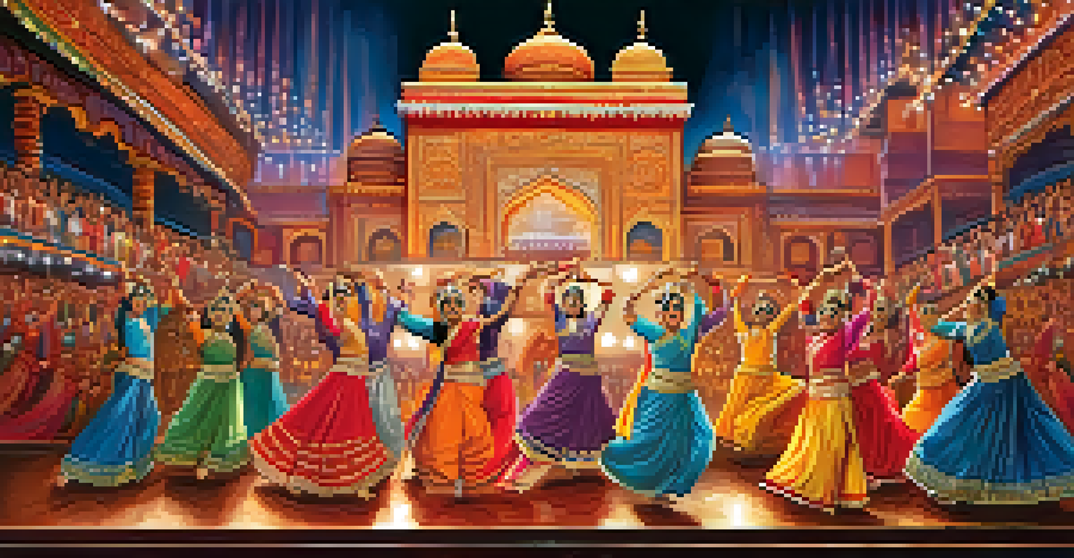 A vibrant stage performance featuring Indian classical dancers and contemporary street dancers, with colorful lights and an enthusiastic audience.