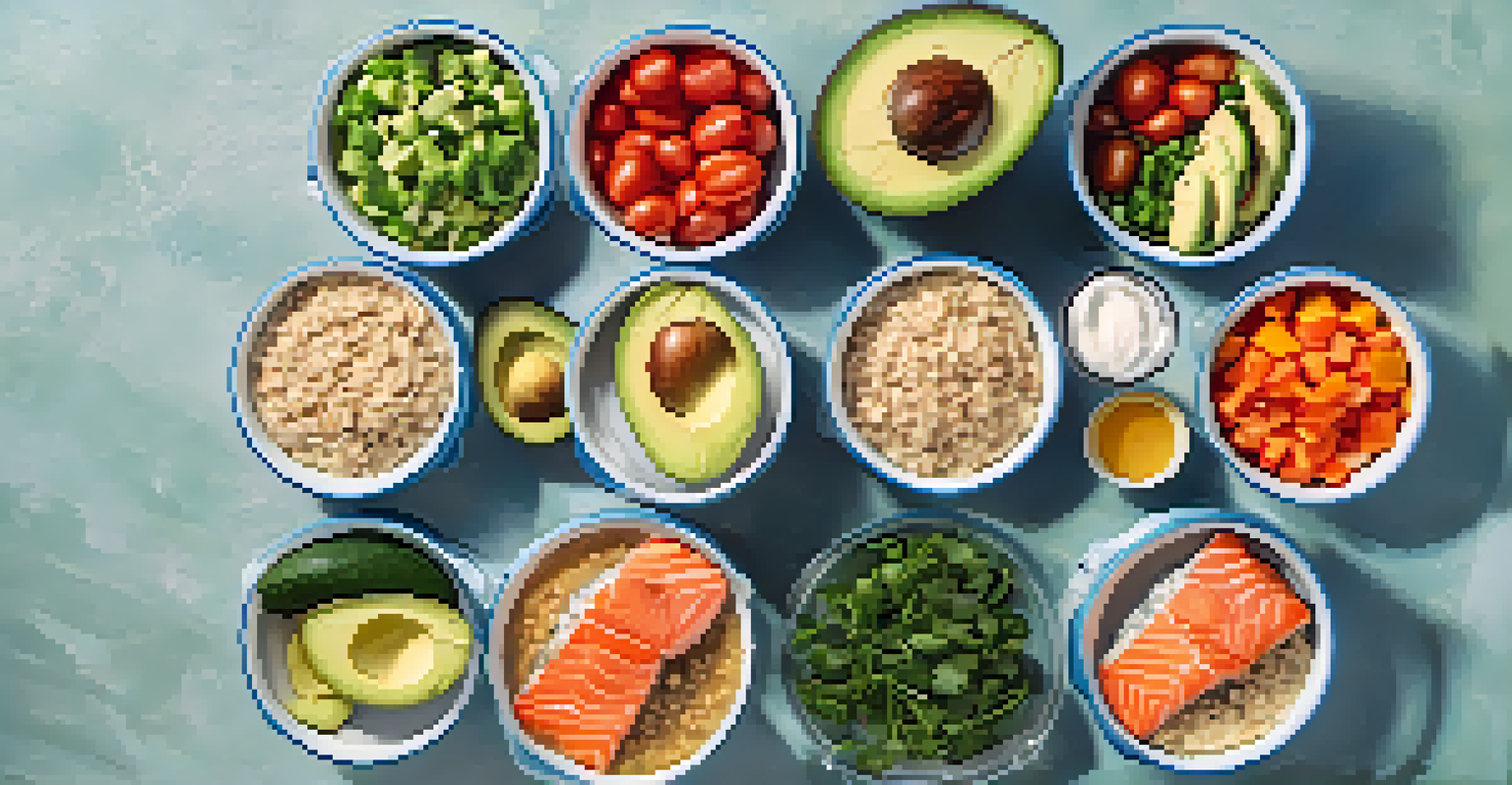 An organized meal prep setup for dancers, displaying containers with oatmeal, grilled salmon, avocado, and mixed vegetables.