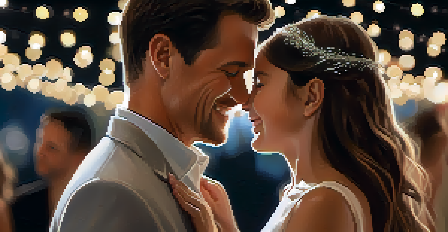 A parent and child sharing a slow dance at a wedding, surrounded by softly glowing fairy lights, capturing their emotional connection.