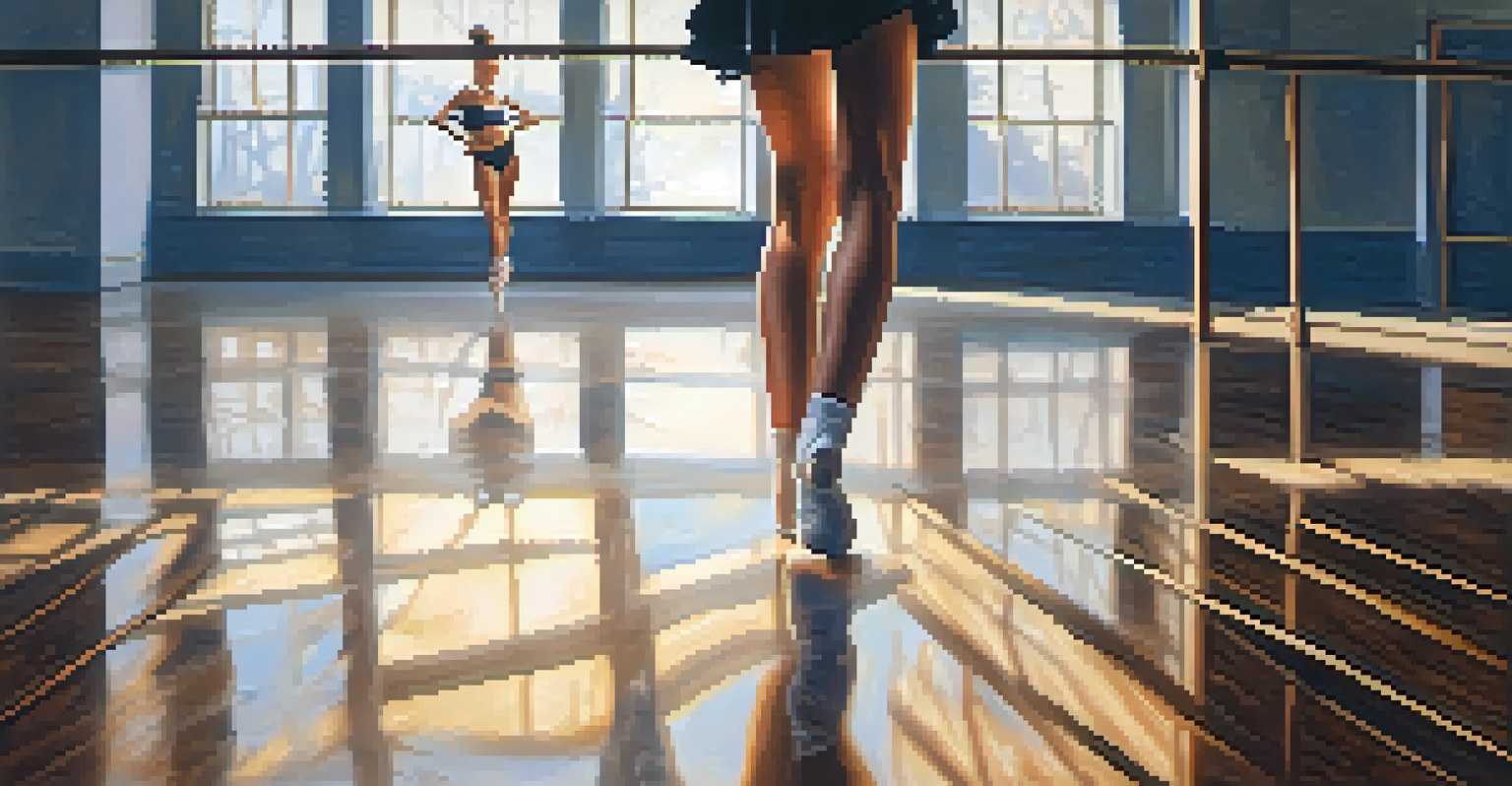 A young dancer practicing popping and locking in a warmly lit dance studio, with reflections on the wooden floor.