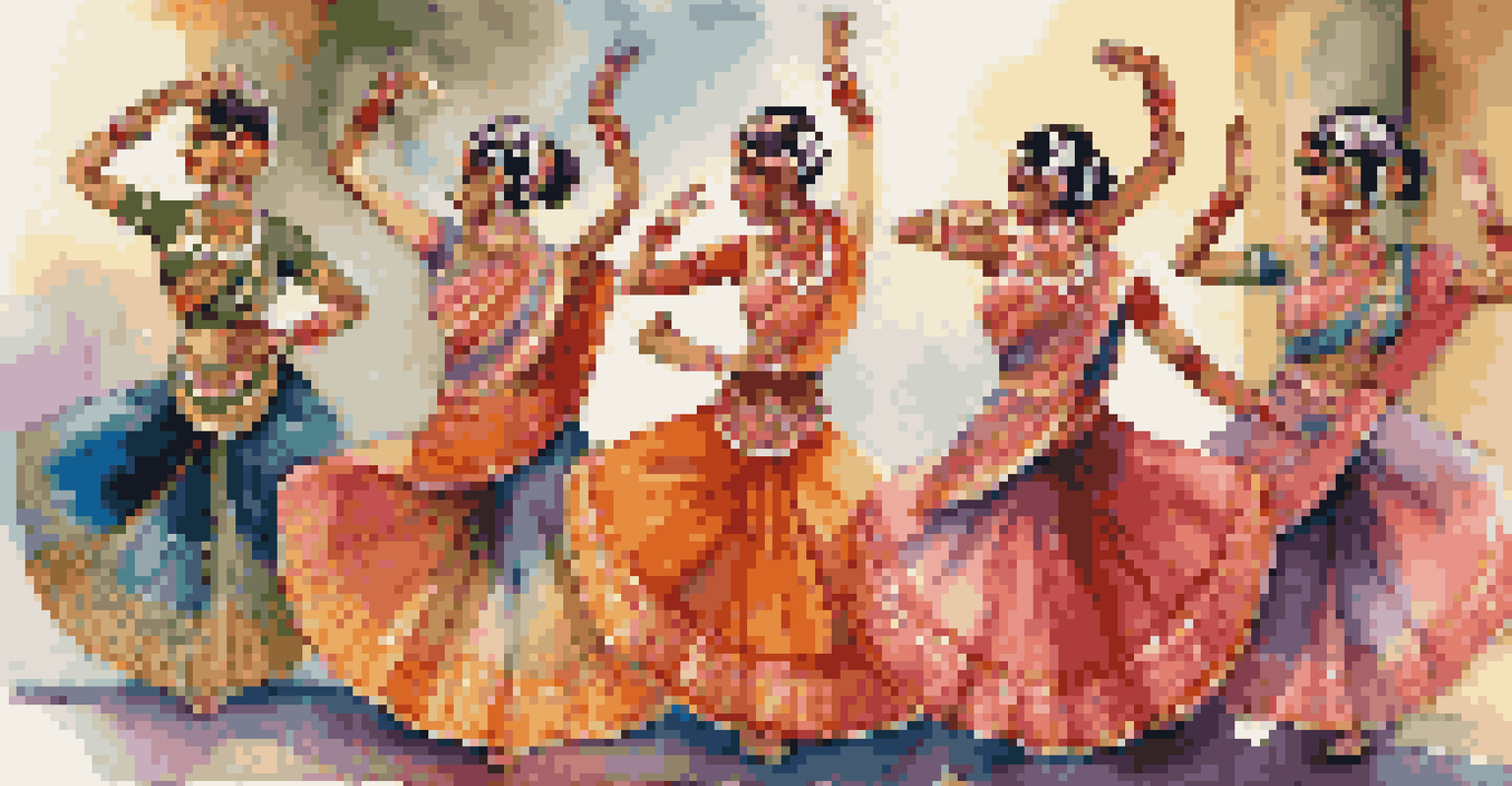 A group of Bharatanatyam dancers in traditional colorful costumes with jewelry on a beautifully decorated stage, captured in elegant poses.