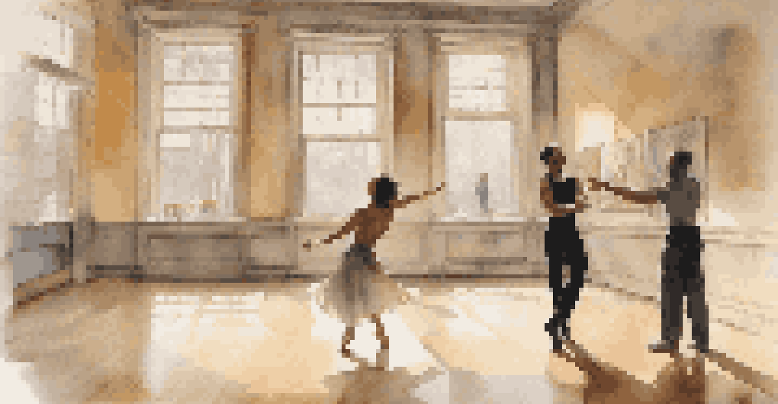 A female dance critic discussing with a male dancer in a bright room filled with dance artwork, as the dancer demonstrates a movement.