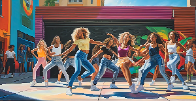 A diverse group of dancers performing a synchronized dance in an urban setting with colorful street art in the background.