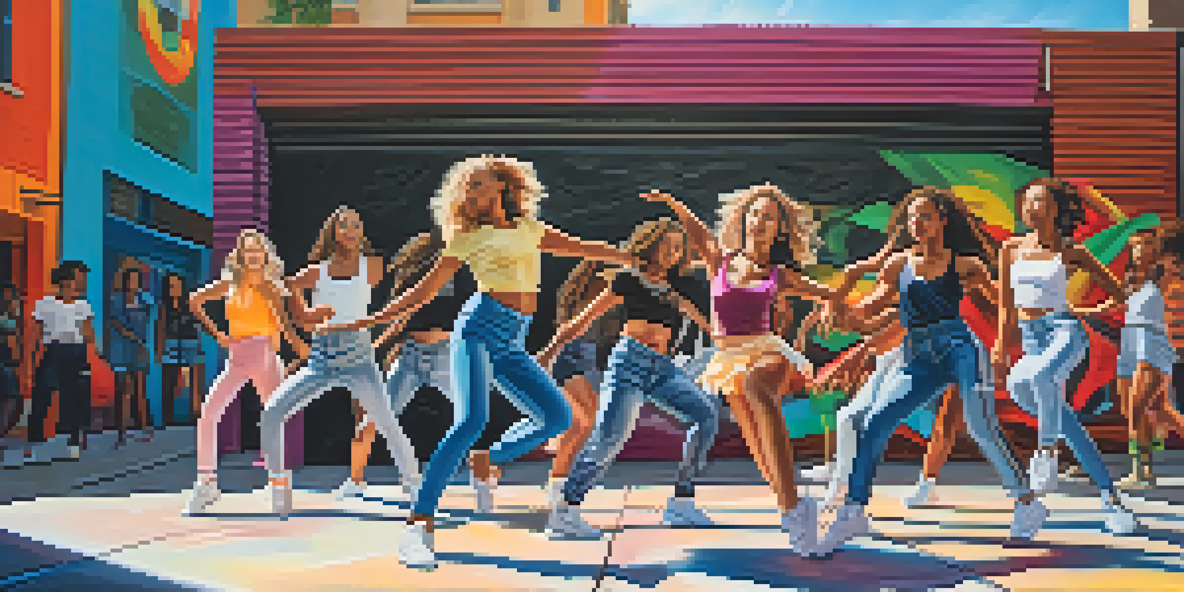 A diverse group of dancers performing a synchronized dance in an urban setting with colorful street art in the background.