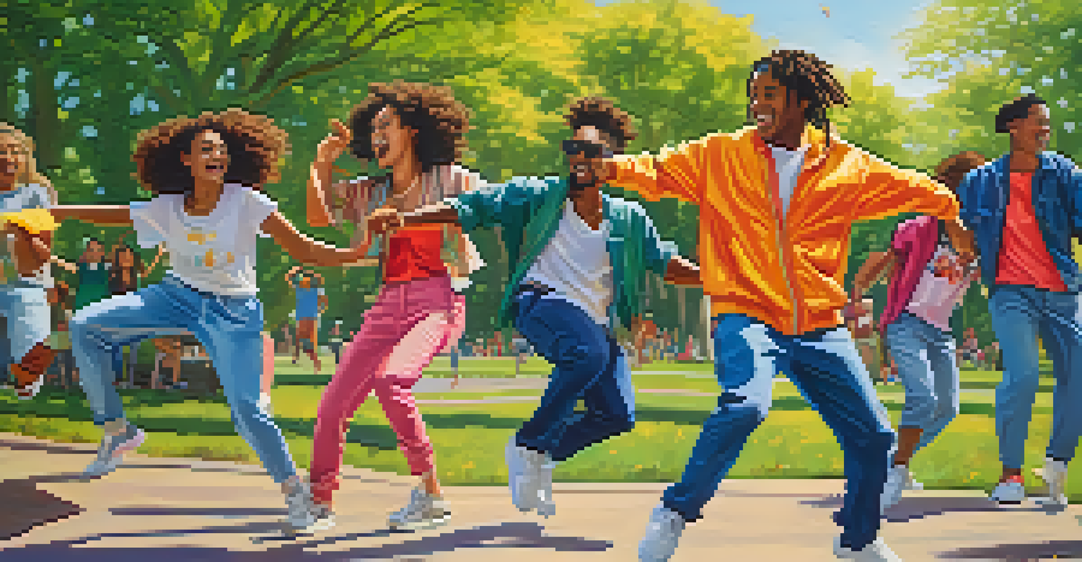 Students practicing hip-hop dance outdoors in a sunny park, surrounded by greenery and colorful flowers.