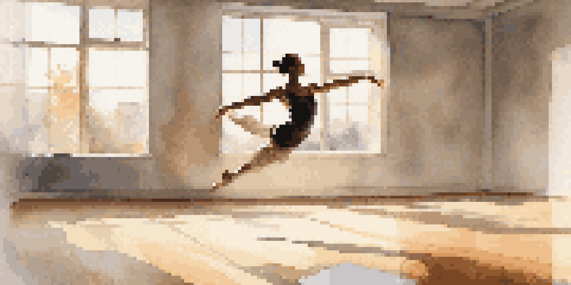 A dancer in mid-leap in a bright studio, showcasing fluid movement against a minimalistic background.