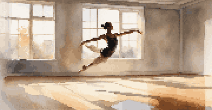 A dancer in mid-leap in a bright studio, showcasing fluid movement against a minimalistic background.