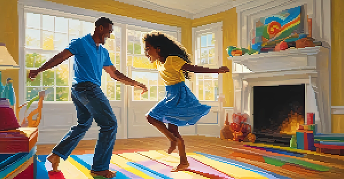 A parent and child joyfully dancing in a cozy living room, with sunlight streaming through a window.