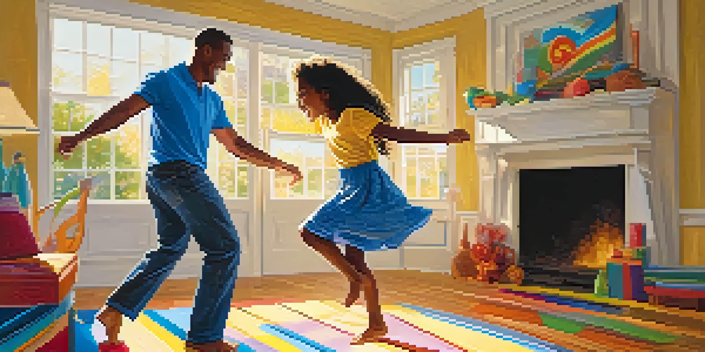 A parent and child joyfully dancing in a cozy living room, with sunlight streaming through a window.