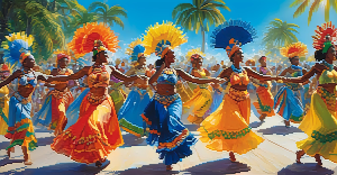 A lively festival scene with dancers in colorful costumes celebrating Afro-Brazilian culture under a bright blue sky.