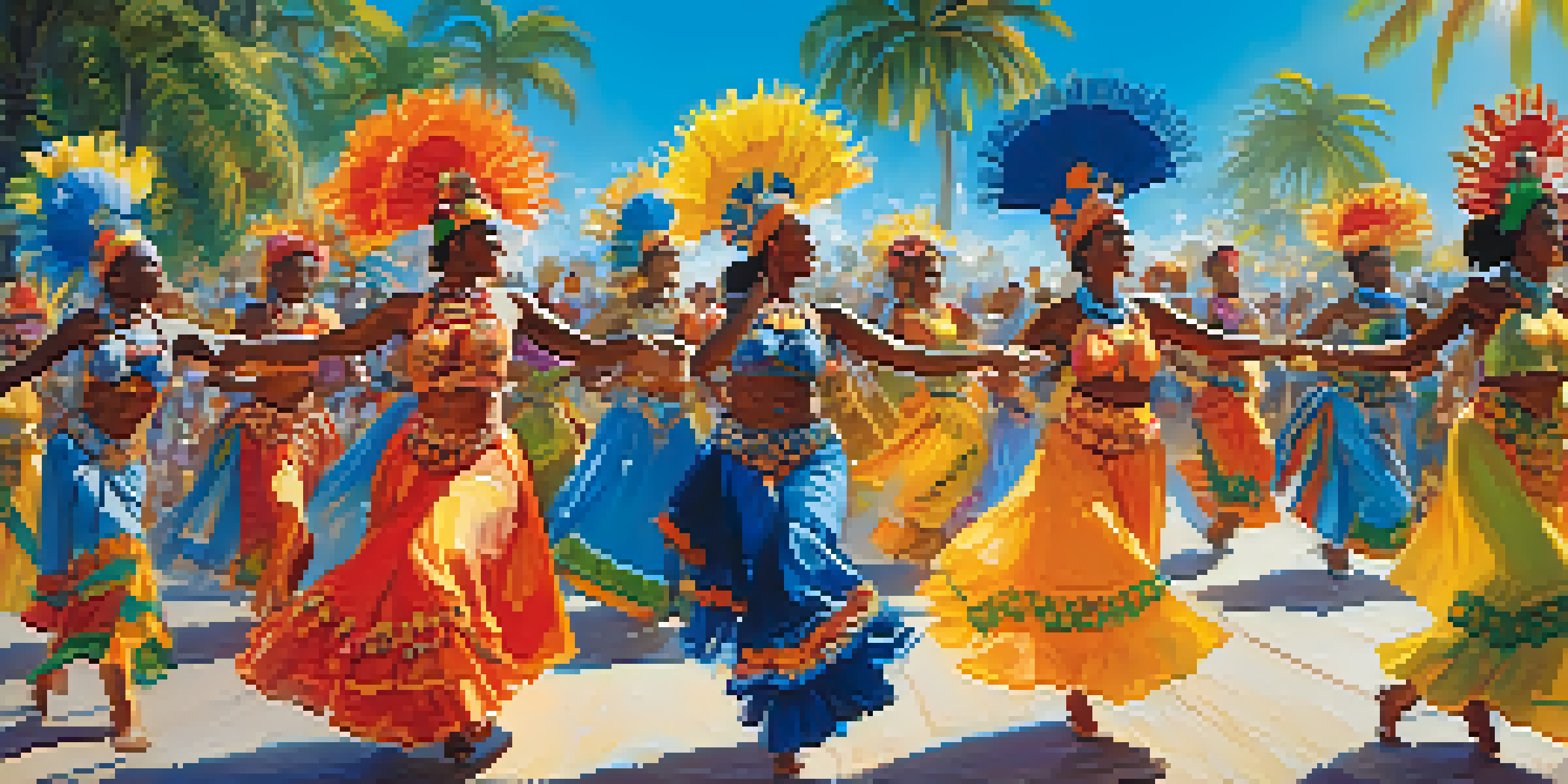 A lively festival scene with dancers in colorful costumes celebrating Afro-Brazilian culture under a bright blue sky.