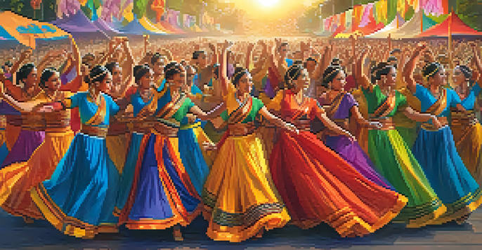 A lively dance festival with dancers in traditional costumes, colorful banners, and an enthusiastic audience under a golden sunset.