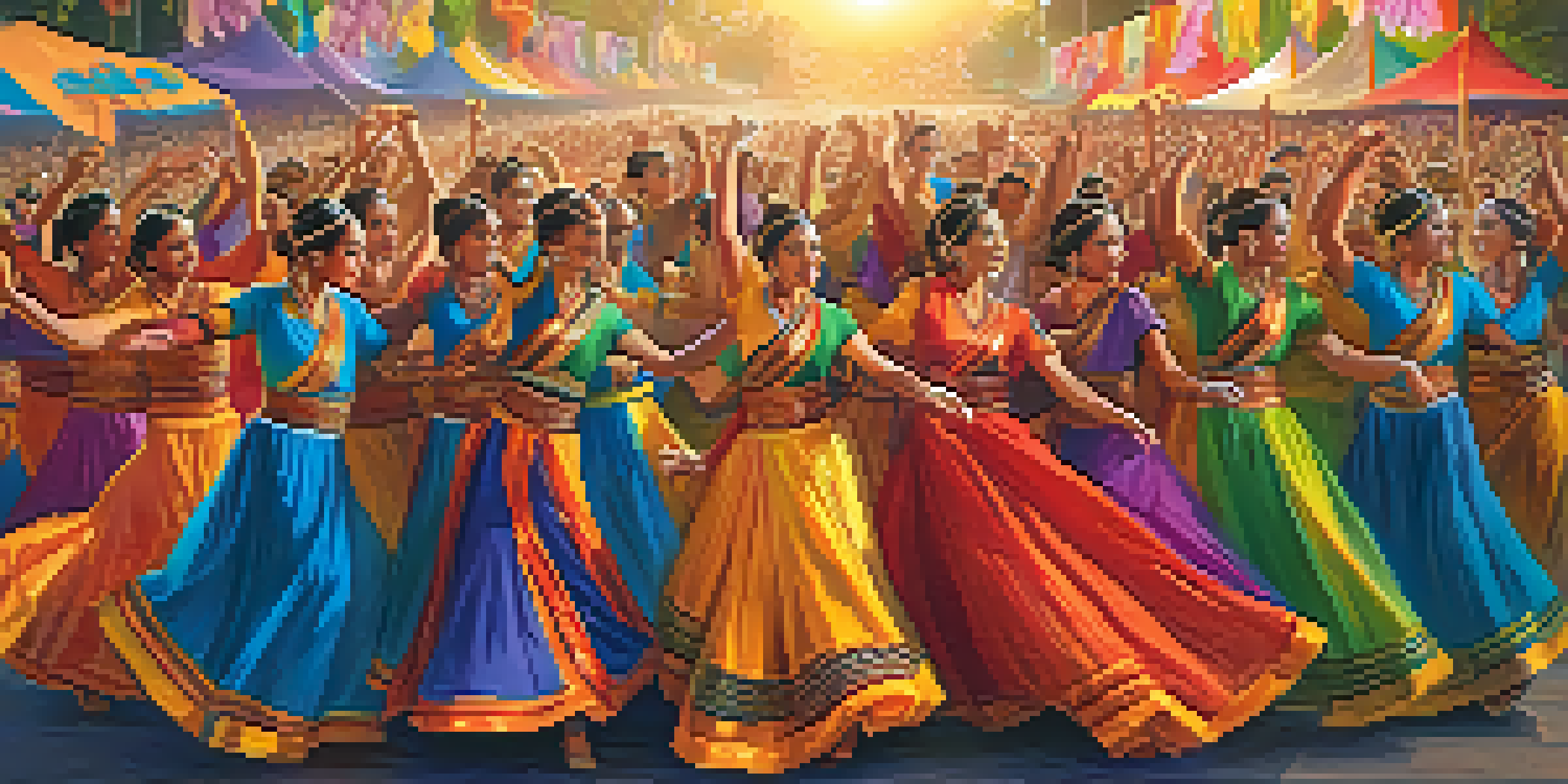 A lively dance festival with dancers in traditional costumes, colorful banners, and an enthusiastic audience under a golden sunset.