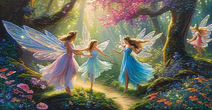 A magical forest scene with fairies dancing among glowing flowers and sunlight filtering through trees.