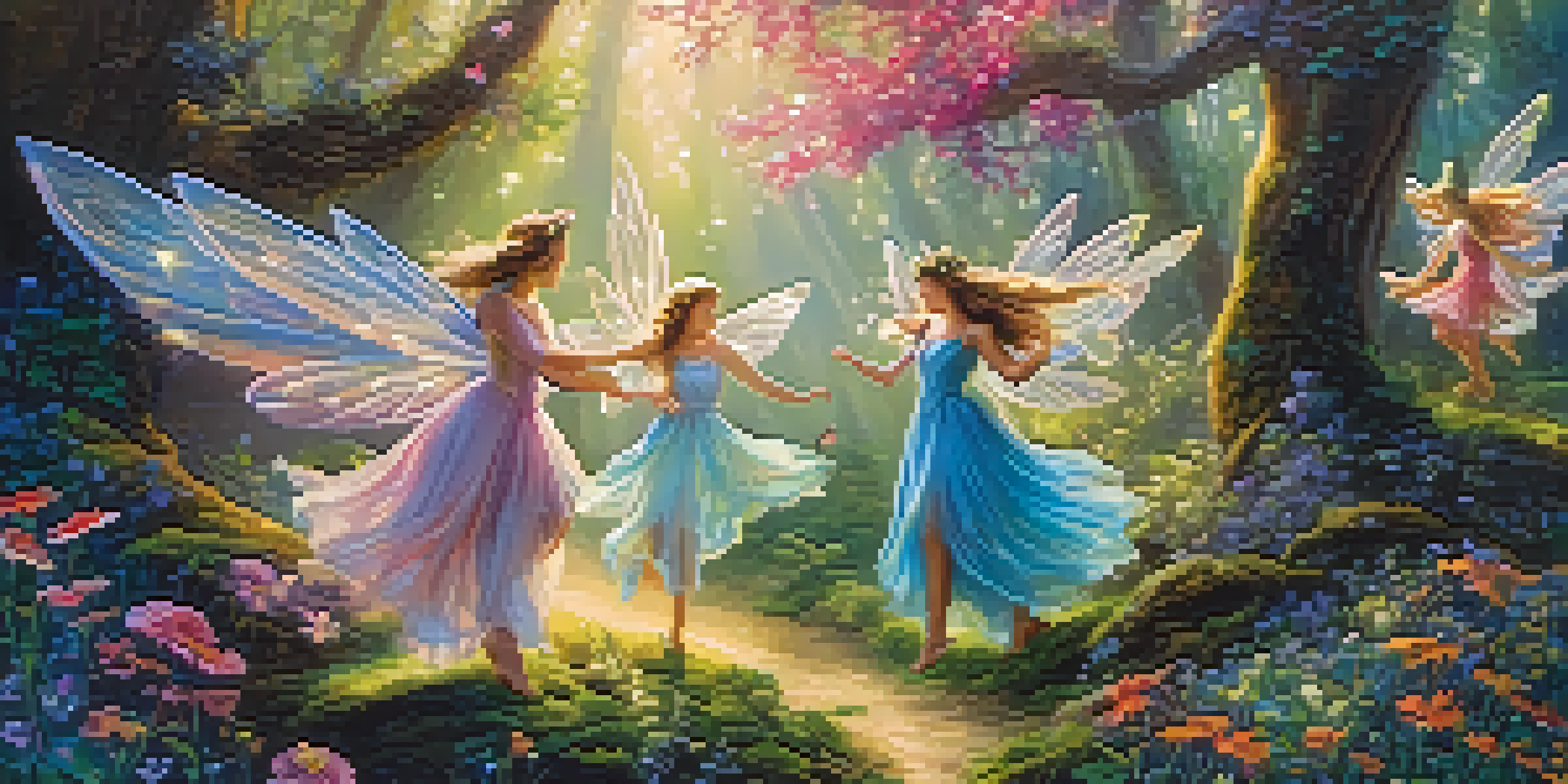 A magical forest scene with fairies dancing among glowing flowers and sunlight filtering through trees.