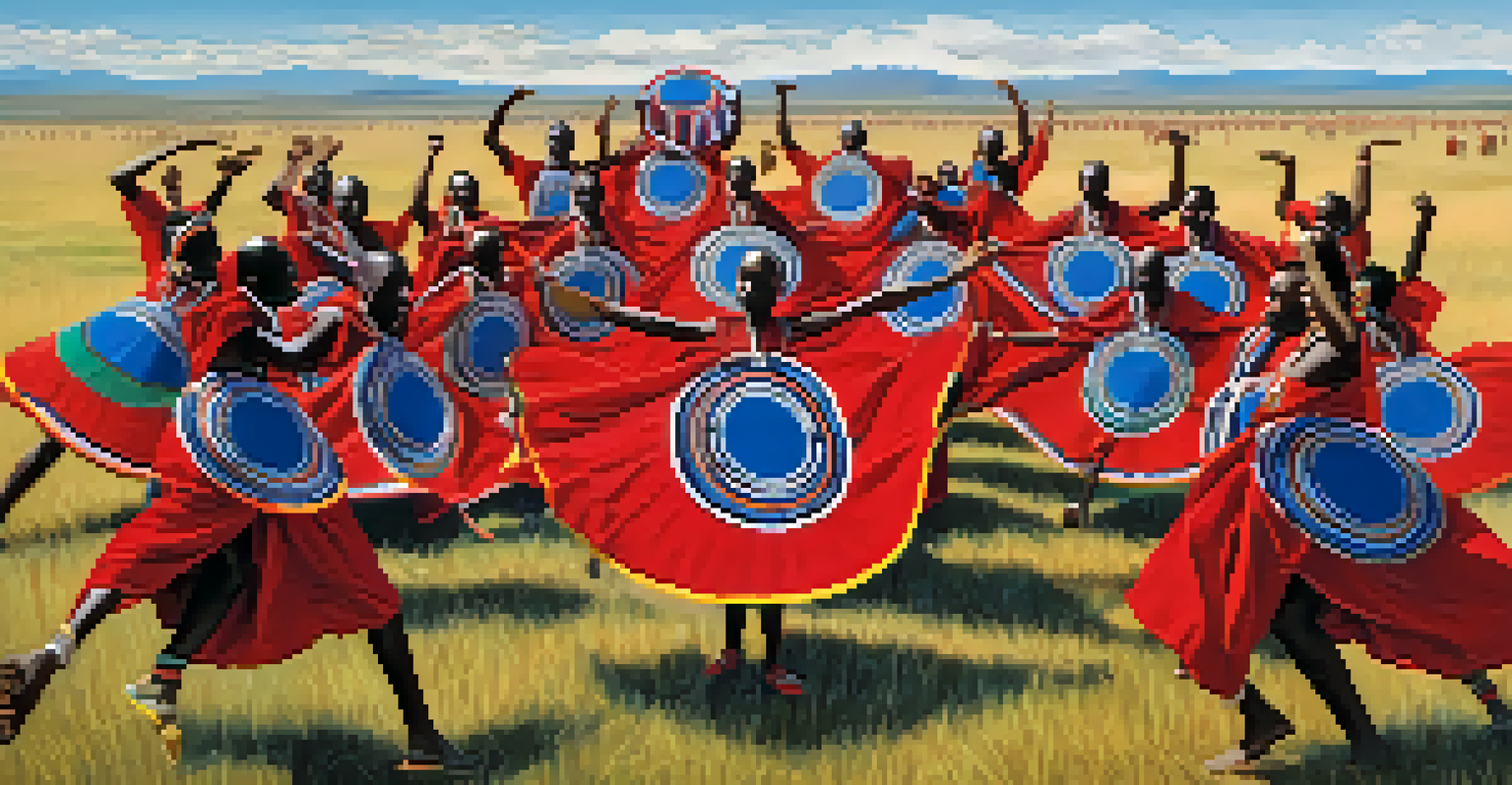 A group of Maasai dancers performing the Adumu dance in a circular formation, wearing traditional jewelry against a savanna backdrop.