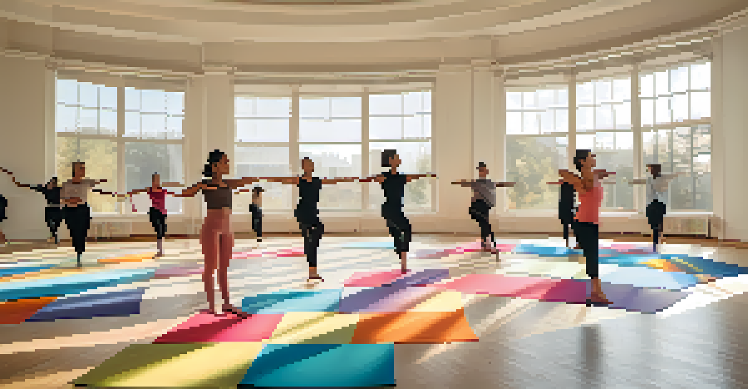 A group of dancers in a circle, practicing mindfulness exercises on colorful mats in a bright studio.