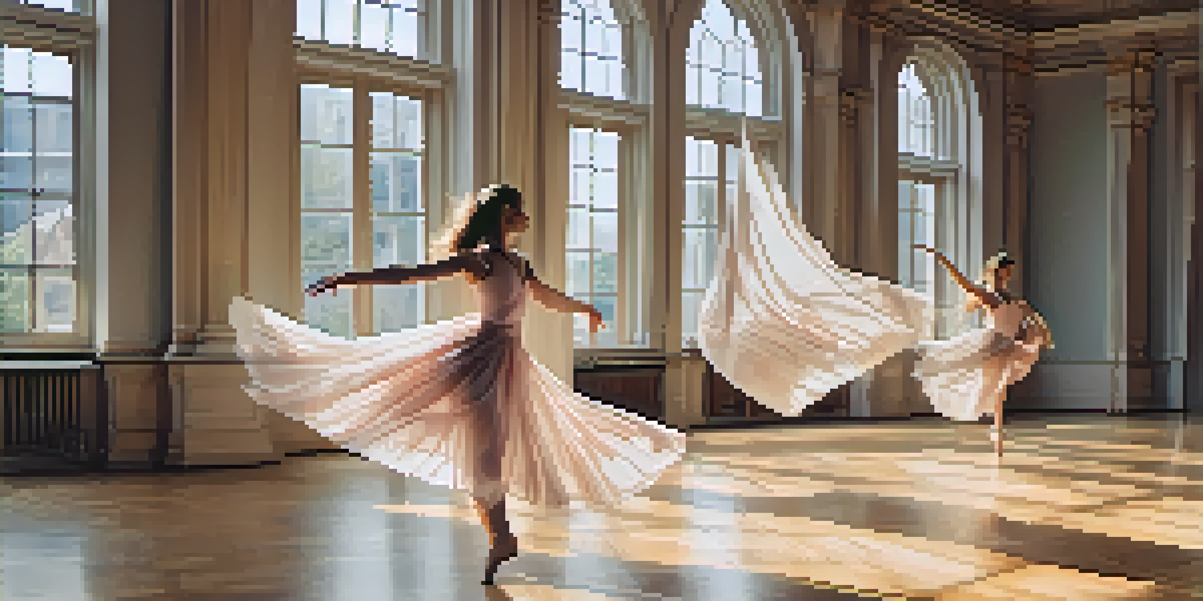 A dancer in a pastel costume performing in a sunlit studio with mirrors and wooden floors.