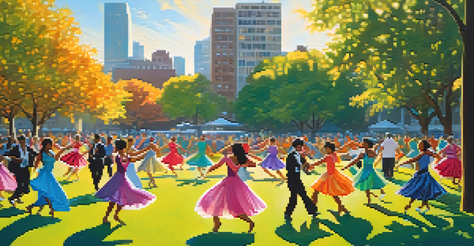 A lively outdoor dance performance with diverse dancers in colorful costumes and an audience enjoying the spectacle in a city park.