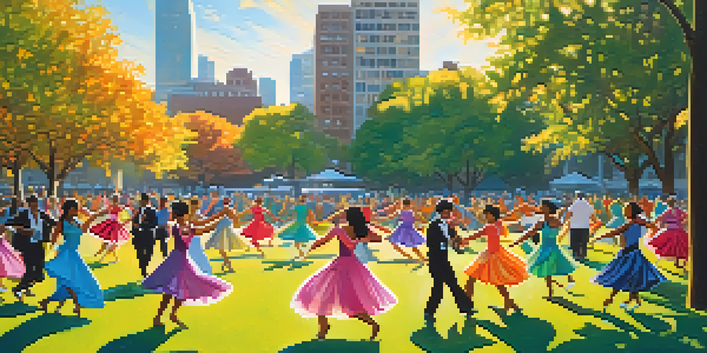 A lively outdoor dance performance with diverse dancers in colorful costumes and an audience enjoying the spectacle in a city park.