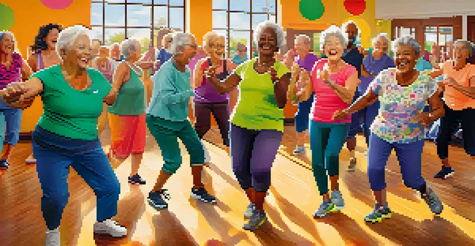 Seniors participating in a lively Zumba class in a colorful community center, guided by an energetic instructor, embodying joy and community.