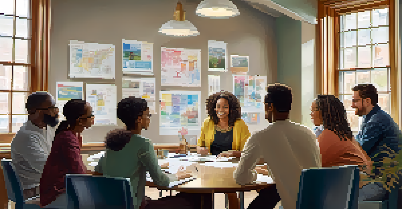A meeting of nonprofit members discussing community dance program support, with charts and notes in a well-lit room with art posters.