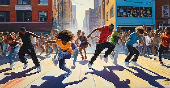 A diverse group of hip-hop dancers performing energetically in an urban setting with colorful graffiti in the background.