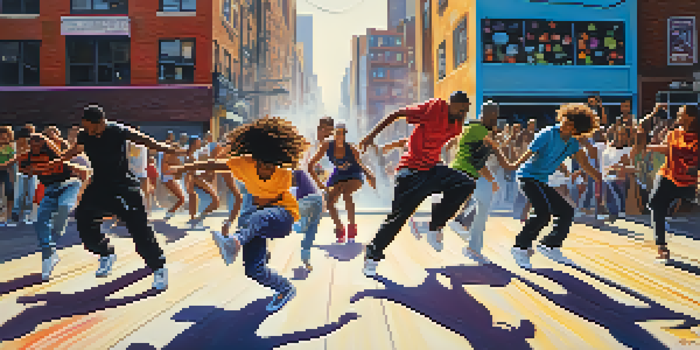 A diverse group of hip-hop dancers performing energetically in an urban setting with colorful graffiti in the background.