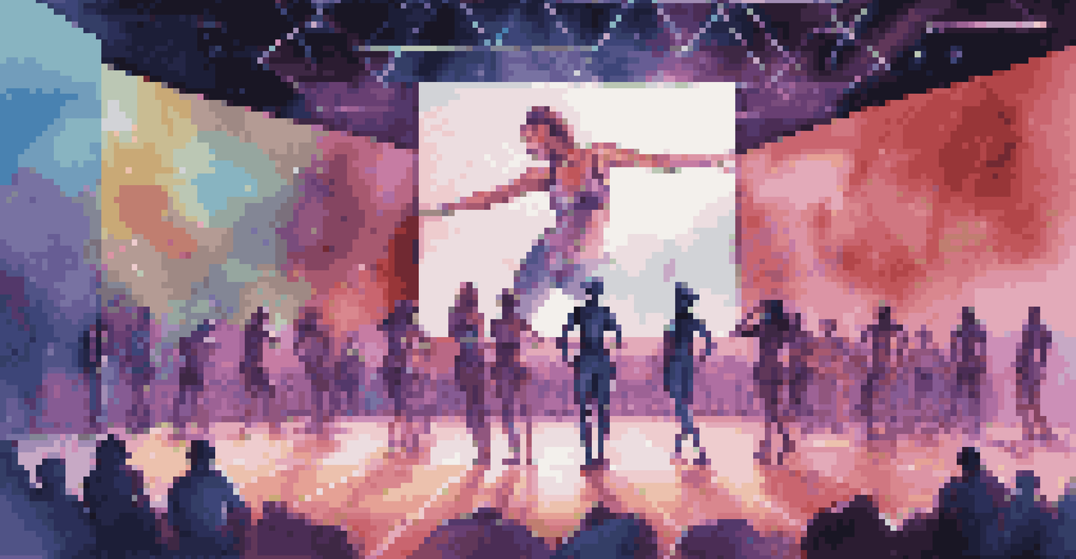 A hybrid dance competition with live dancers on stage and a screen showing virtual performances, with an engaged audience.