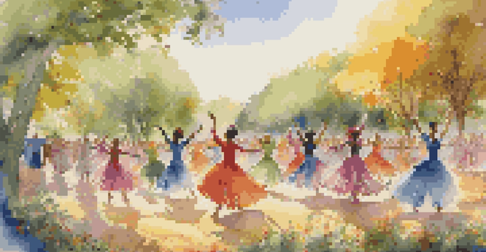 A group of dancers in colorful costumes performing outdoors among trees and flowers, with wind turbines in the background.