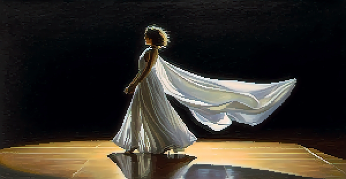 A dancer performing alone on an empty stage, highlighted by a spotlight, conveying feelings of loneliness.