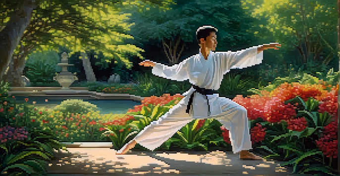 A martial artist in a white uniform practicing Tai Chi in a lush garden with sunlight filtering through the trees.
