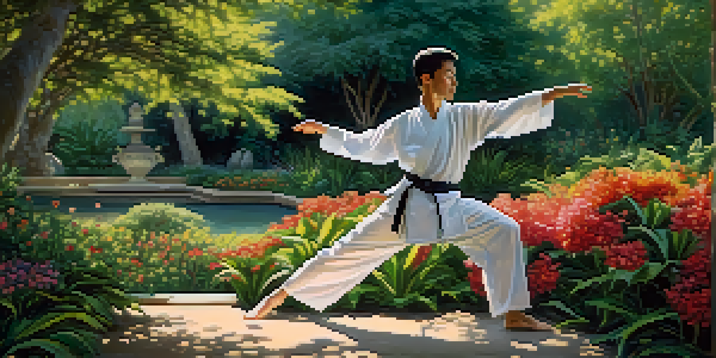 A martial artist in a white uniform practicing Tai Chi in a lush garden with sunlight filtering through the trees.