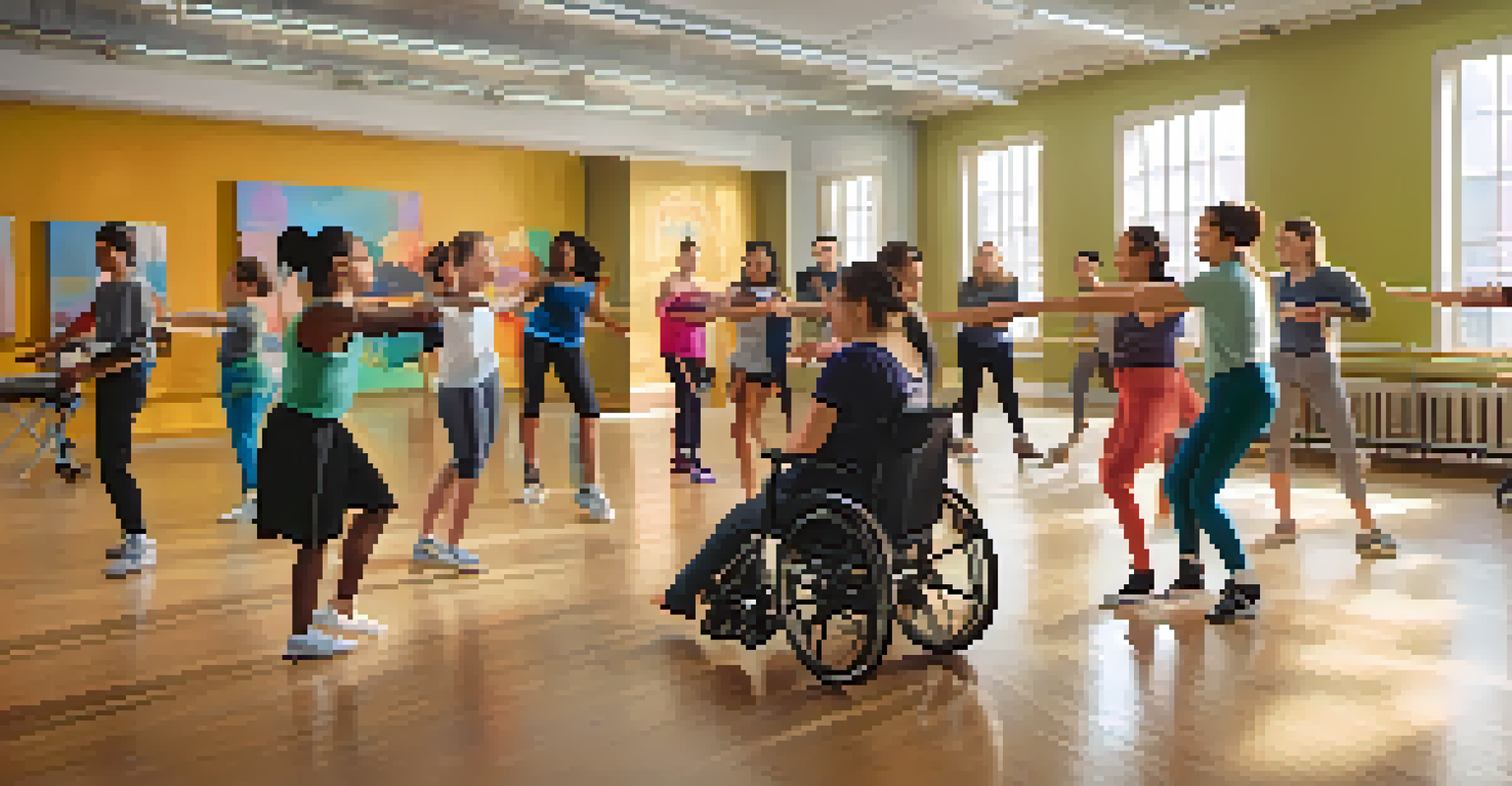 A dance instructor demonstrating movements to a diverse group of students, including a student in a wheelchair, in a vibrant dance studio.