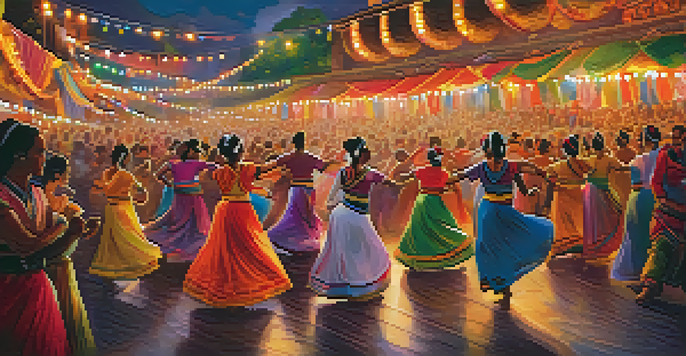 A diverse group of dancers performing in colorful traditional costumes at a lively dance festival, with a cheering crowd in the background and bright stage lights.