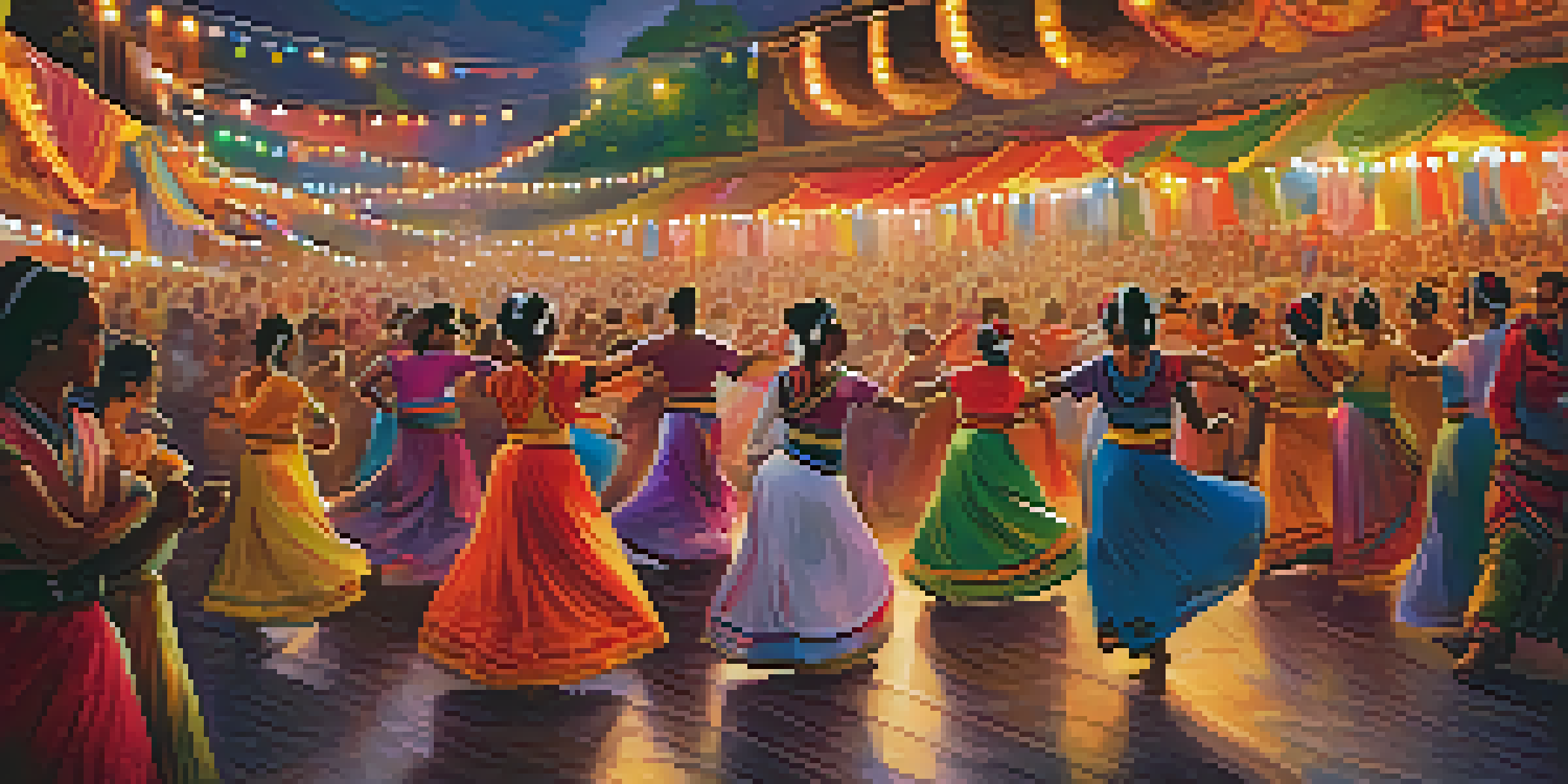 A diverse group of dancers performing in colorful traditional costumes at a lively dance festival, with a cheering crowd in the background and bright stage lights.
