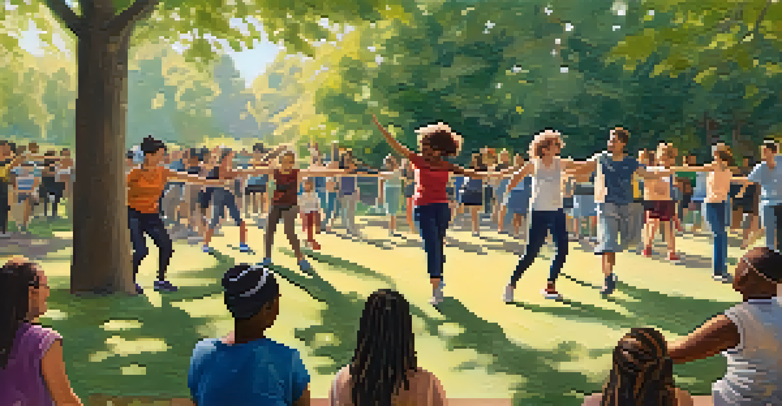 A diverse group of people participating in a dance workshop outdoors, led by an instructor in a sunny park setting.