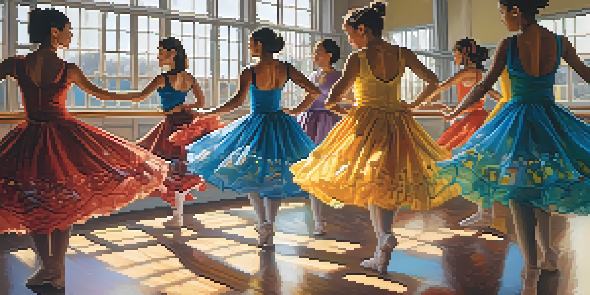 A group of diverse dancers in colorful costumes rehearsing in a bright dance studio, with large mirrors and natural light illuminating their movements.