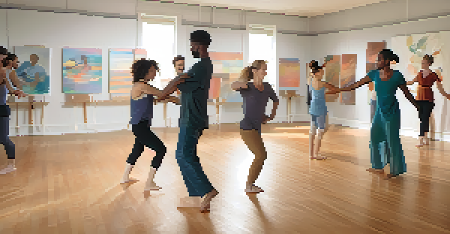 A diverse group of individuals participating in a dance therapy session in a softly lit studio, expressing emotions through movement.