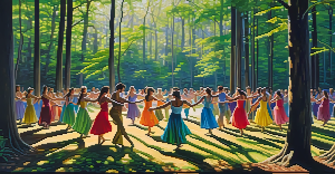 A group of dancers in colorful costumes made from recycled materials perform in a forest, surrounded by trees and sunlight filtering through the leaves.