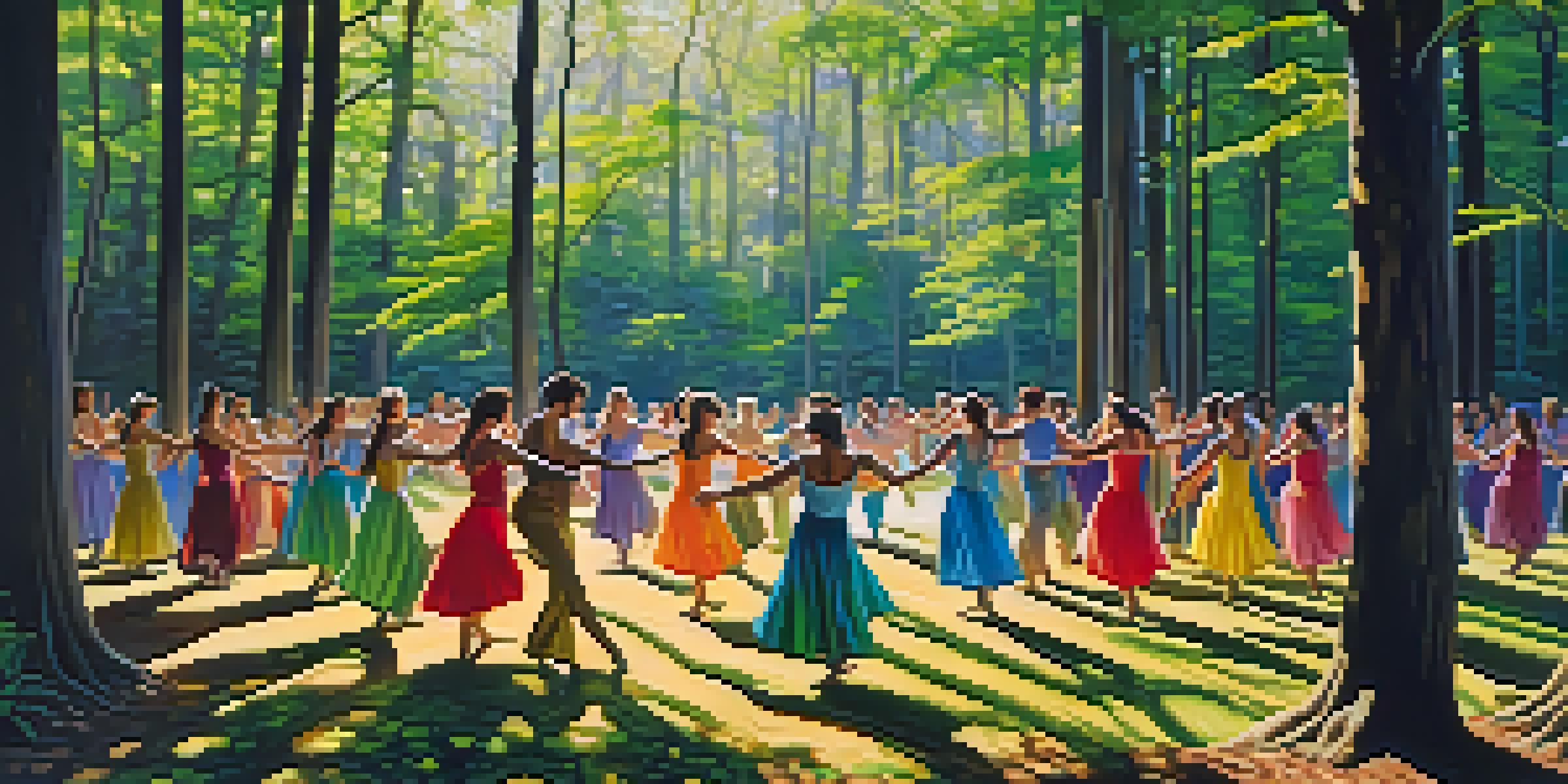 A group of dancers in colorful costumes made from recycled materials perform in a forest, surrounded by trees and sunlight filtering through the leaves.