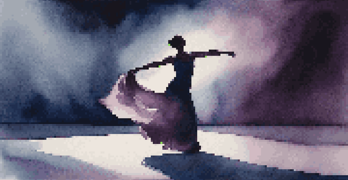 A solo dancer performing on stage, dressed in flowing fabric, with a focused expression. The stage is dimly lit, creating a mood of silence and introspection.
