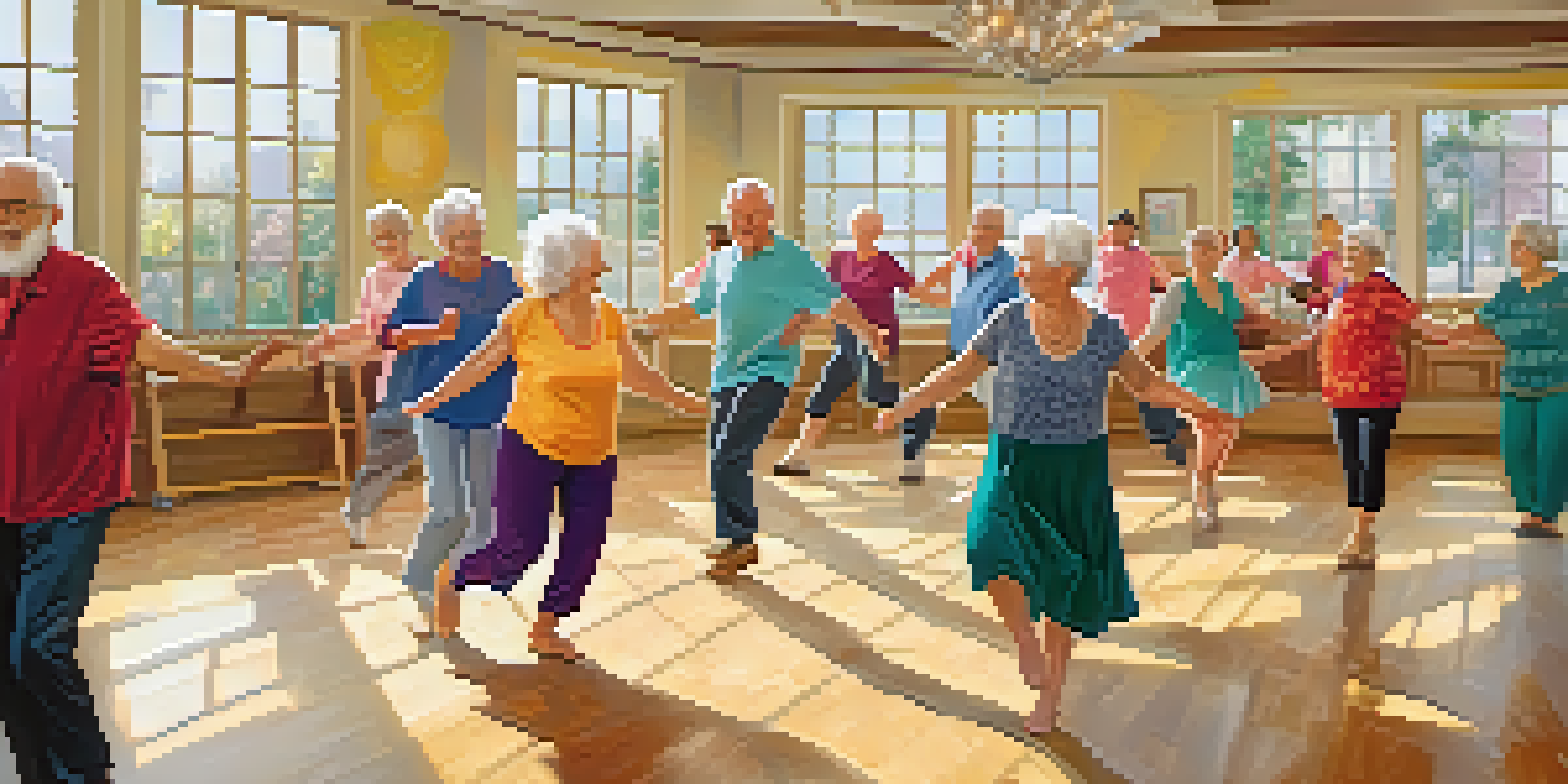 A group of smiling seniors participating in a lively dance therapy session in a bright studio with wooden floors and large windows.