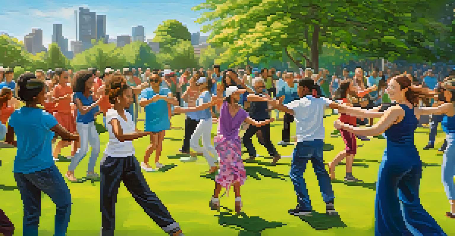 A diverse group of people engaging in a community dance workshop in a park, expressing their connection to nature.
