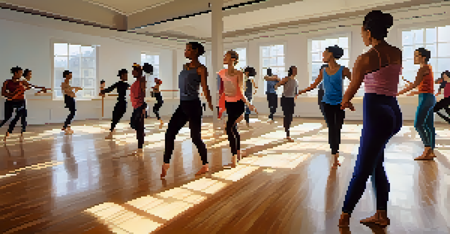 A group of diverse dancers practicing together in a bright studio, showcasing teamwork and movement.