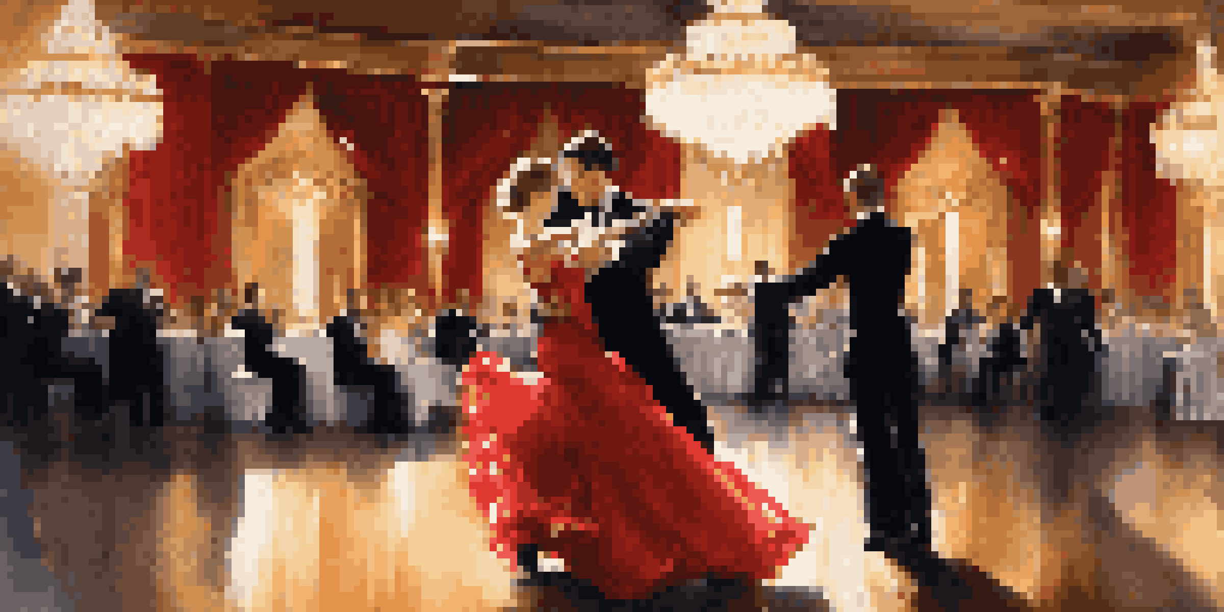 A man and a woman dancing passionately in a beautifully lit ballroom, showcasing a romantic atmosphere with their elegant attire.