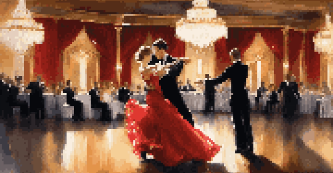 A man and a woman dancing passionately in a beautifully lit ballroom, showcasing a romantic atmosphere with their elegant attire.