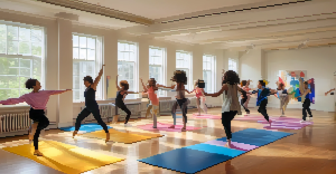 A lively dance class with diverse individuals expressing themselves through movement, illuminated by natural light.
