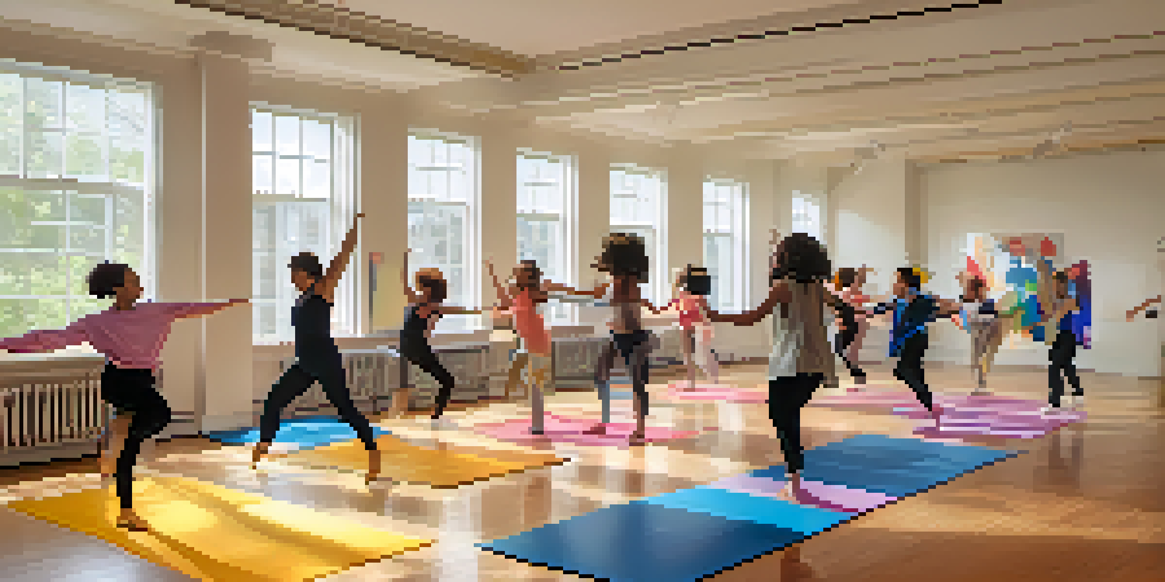 A lively dance class with diverse individuals expressing themselves through movement, illuminated by natural light.